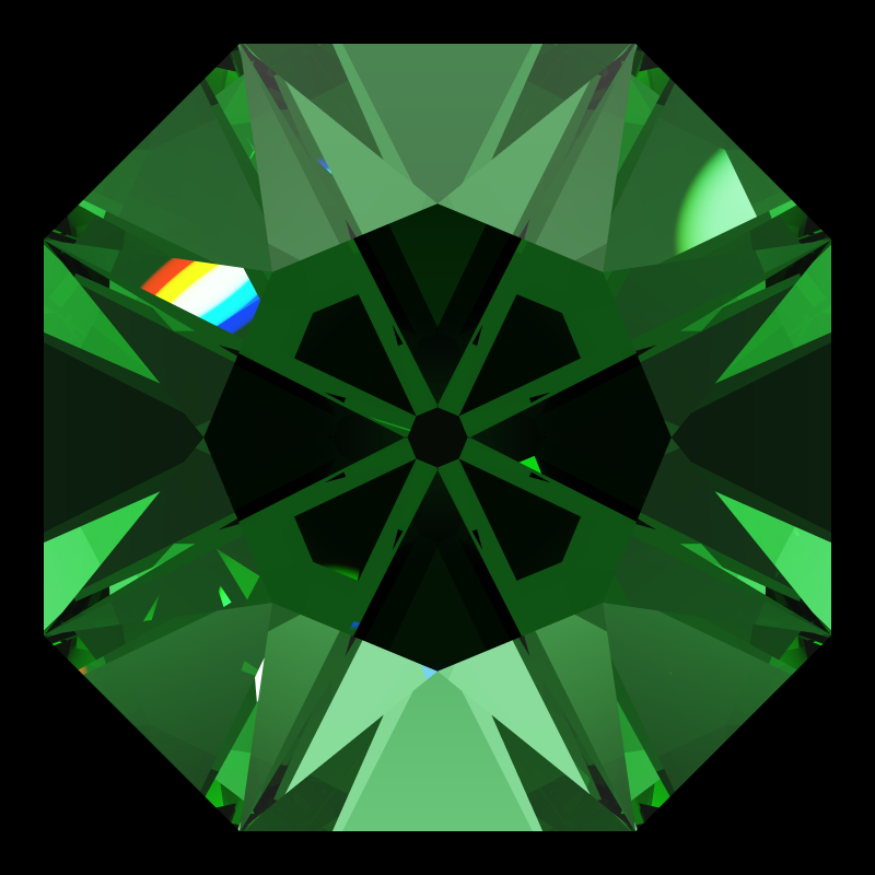 Mazarin cut in emerald face-up under a single bright light: a render from our simulator, its coloured flashes are the fire (score 31)