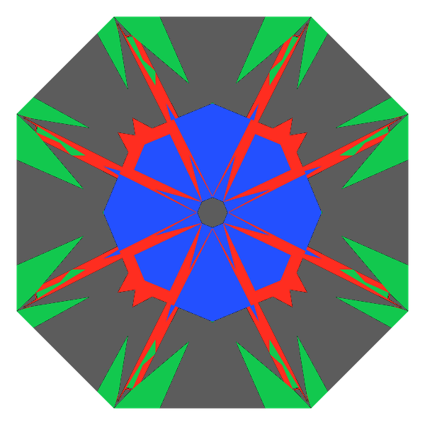 Mazarin cut in emerald face-up Light Return map: red, green and blue show where the light returns from, grey shows where it leaks (Brilliance 46)