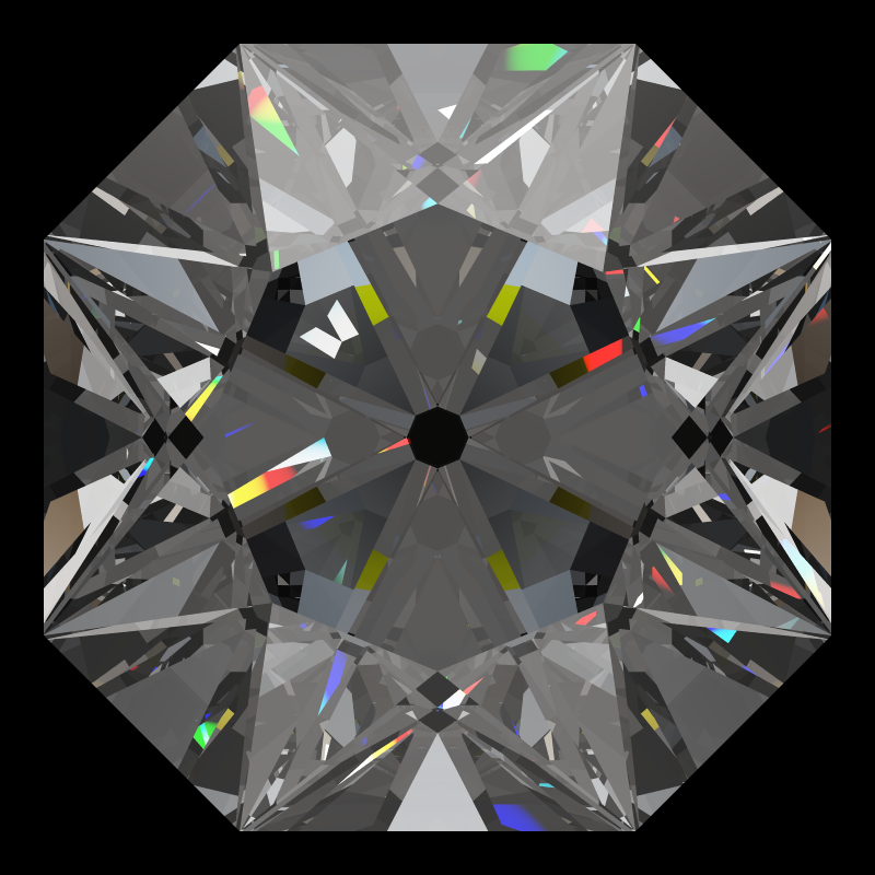 Mazarin cut in moissanite face-up under a single bright light: a render from our simulator, its coloured flashes are the fire (score 88)