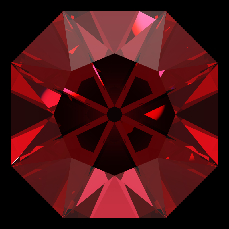 Mazarin cut in ruby face-up under a single bright light: a render from our simulator, its coloured flashes are the fire (score 40)