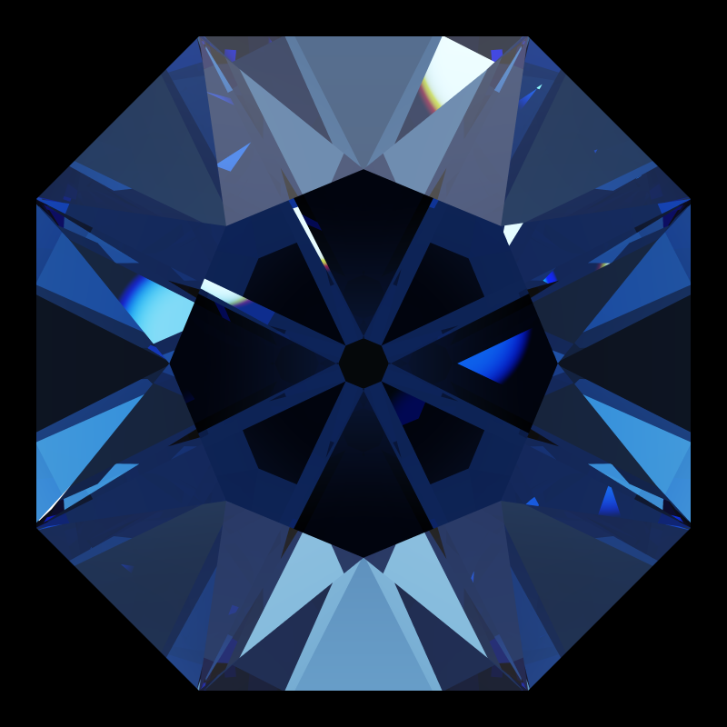 Mazarin cut in sapphire face-up under a single bright light: a render from our simulator, its coloured flashes are the fire (score 40)