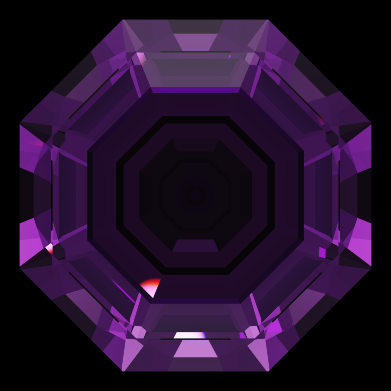 Octagon cut in amethyst face-up under a single bright light: a render from our simulator, its coloured flashes are the fire (score 28)