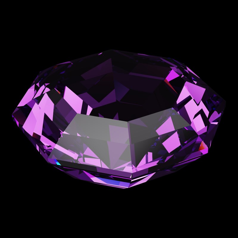The Octagon Cut in amethyst, rendered at an angle in our 3D Gemstone Simulator under studio light