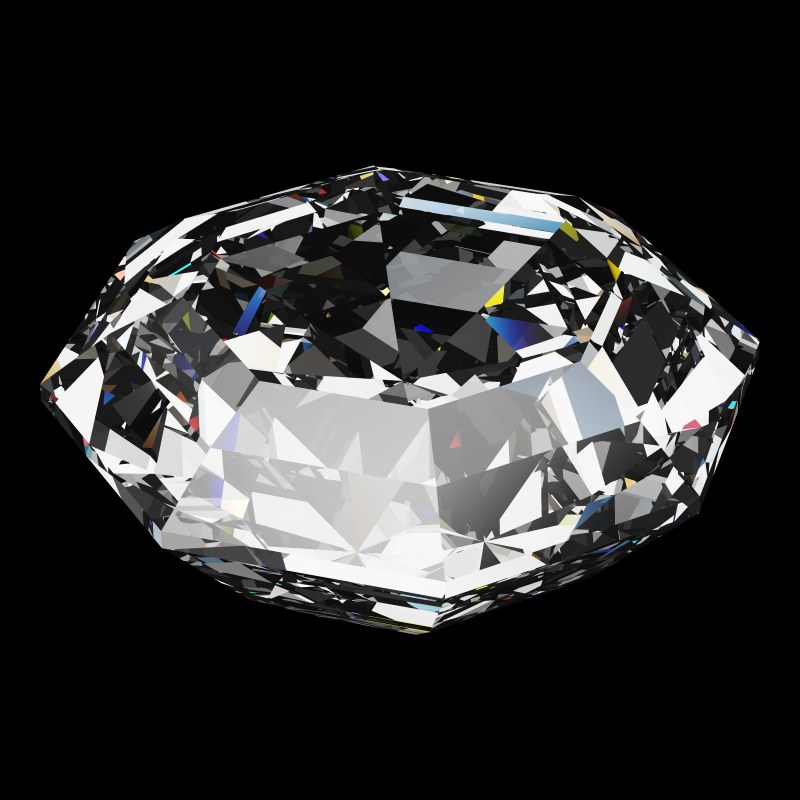 The Octagon Cut in cubic zirconia, rendered at an angle in our 3D Gemstone Simulator under studio light