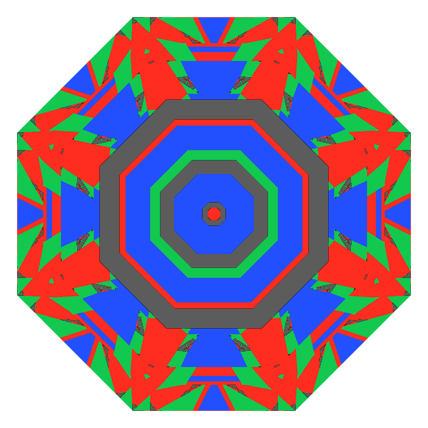 Octagon cut in cubic zirconia face-up Light Return map: red, green and blue show where the light returns from, grey shows where it leaks (Brilliance 76)
