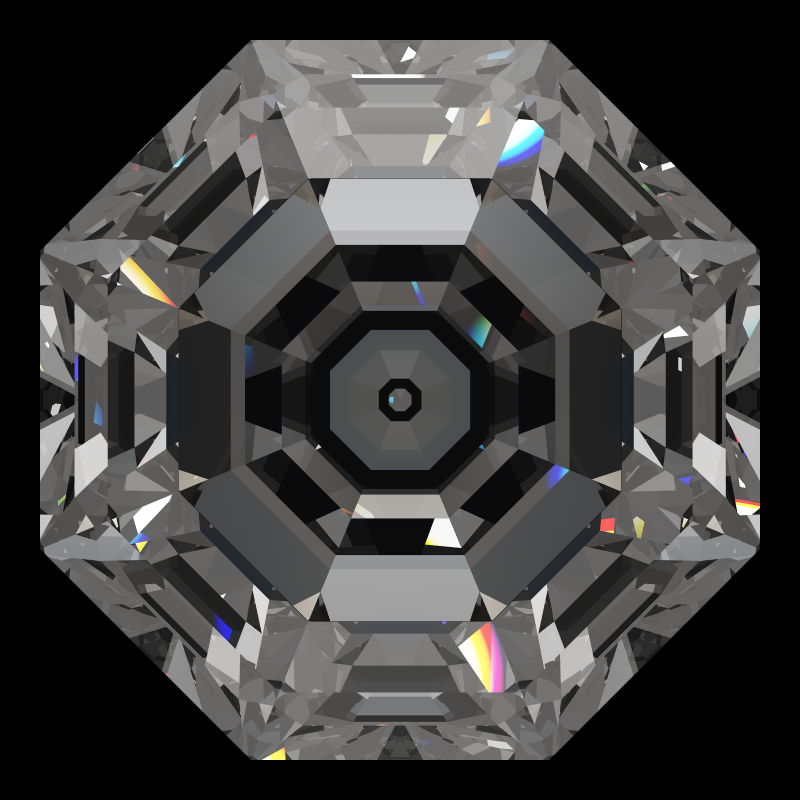 Octagon cut in diamond face-up under a single bright light: a render from our simulator, its coloured flashes are the fire (score 76)