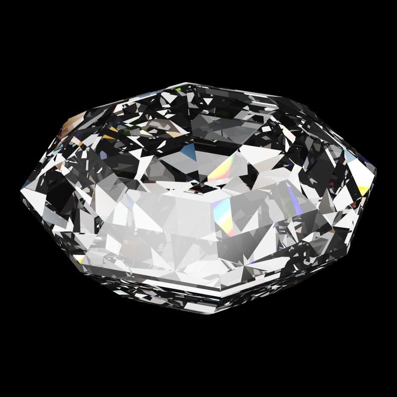 The Octagon Cut in diamond, rendered at an angle in our 3D Gemstone Simulator under studio light