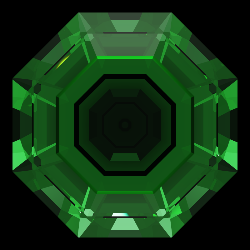 Octagon cut in emerald face-up under a single bright light: a render from our simulator, its coloured flashes are the fire (score 34)