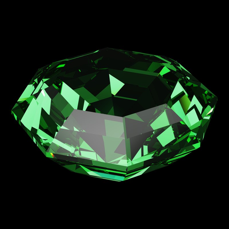 The Octagon Cut in emerald, rendered at an angle in our 3D Gemstone Simulator under studio light