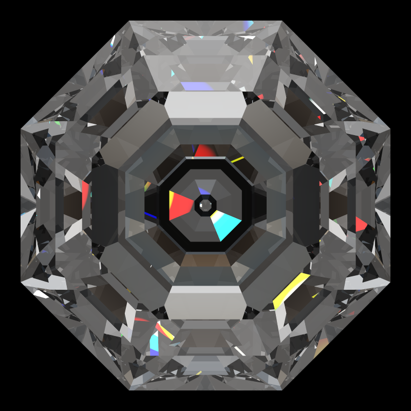Octagon cut in moissanite face-up under a single bright light: a render from our simulator, its coloured flashes are the fire (score 94)