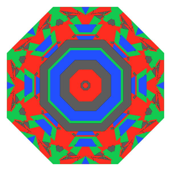 Octagon cut in moissanite face-up Light Return map: red, green and blue show where the light returns from, grey shows where it leaks (Brilliance 67)