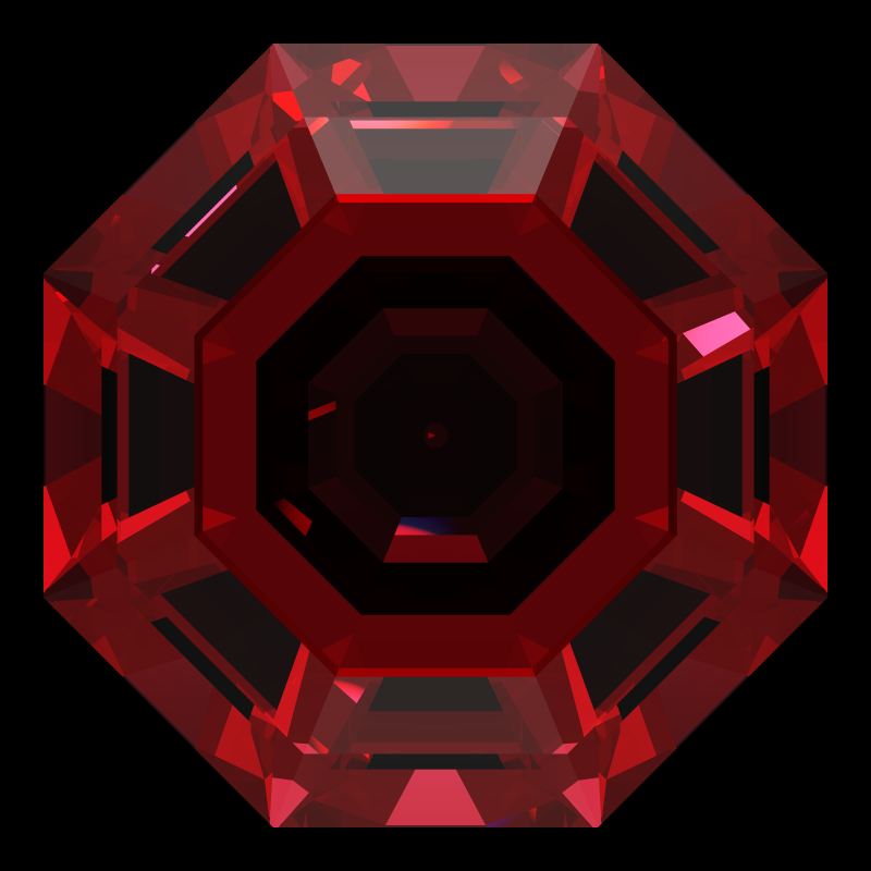 Octagon cut in ruby face-up under a single bright light: a render from our simulator, its coloured flashes are the fire (score 33)
