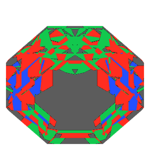 Octagon cut in ruby tilted 30 degrees: Light Return map, 34% of the face leaking