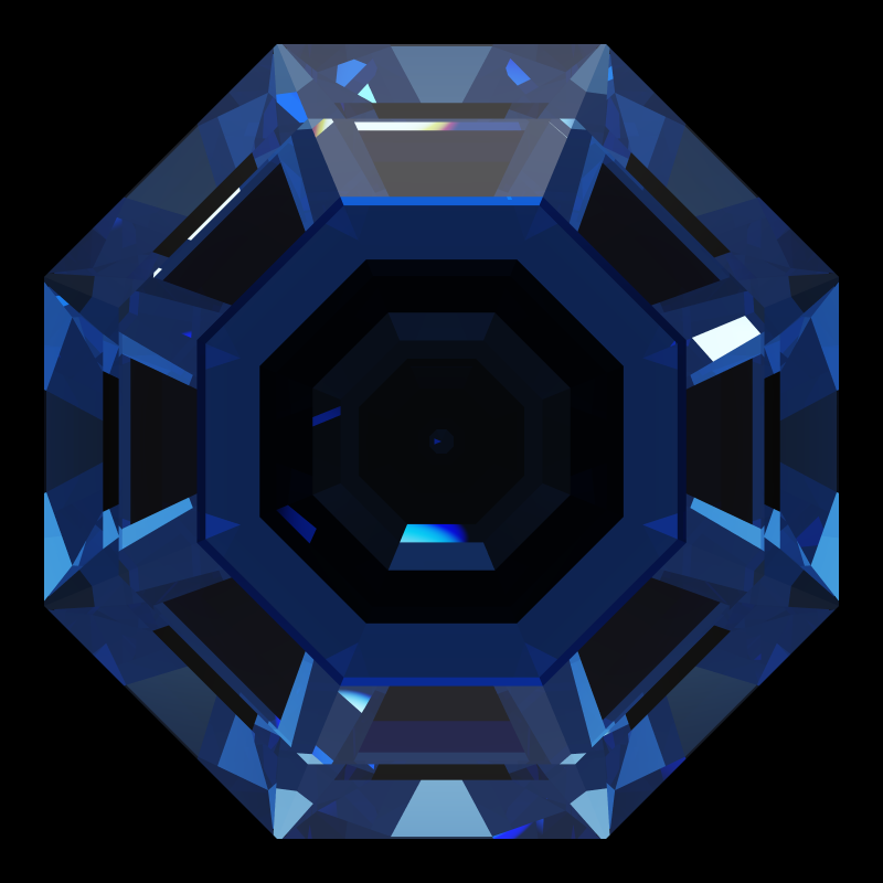 Octagon cut in sapphire face-up under a single bright light: a render from our simulator, its coloured flashes are the fire (score 33)