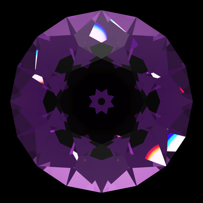 Old european cut in amethyst face-up under a single bright light: a render from our simulator, its coloured flashes are the fire (score 37)