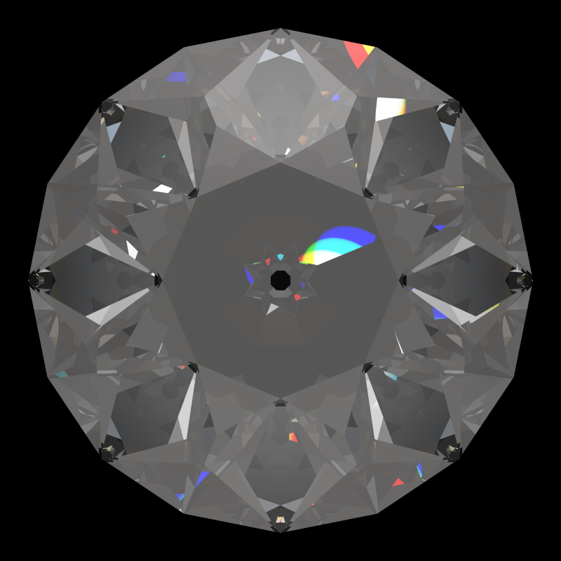 Old european cut in cubic zirconia face-up under a single bright light: a render from our simulator, its coloured flashes are the fire (score 84)