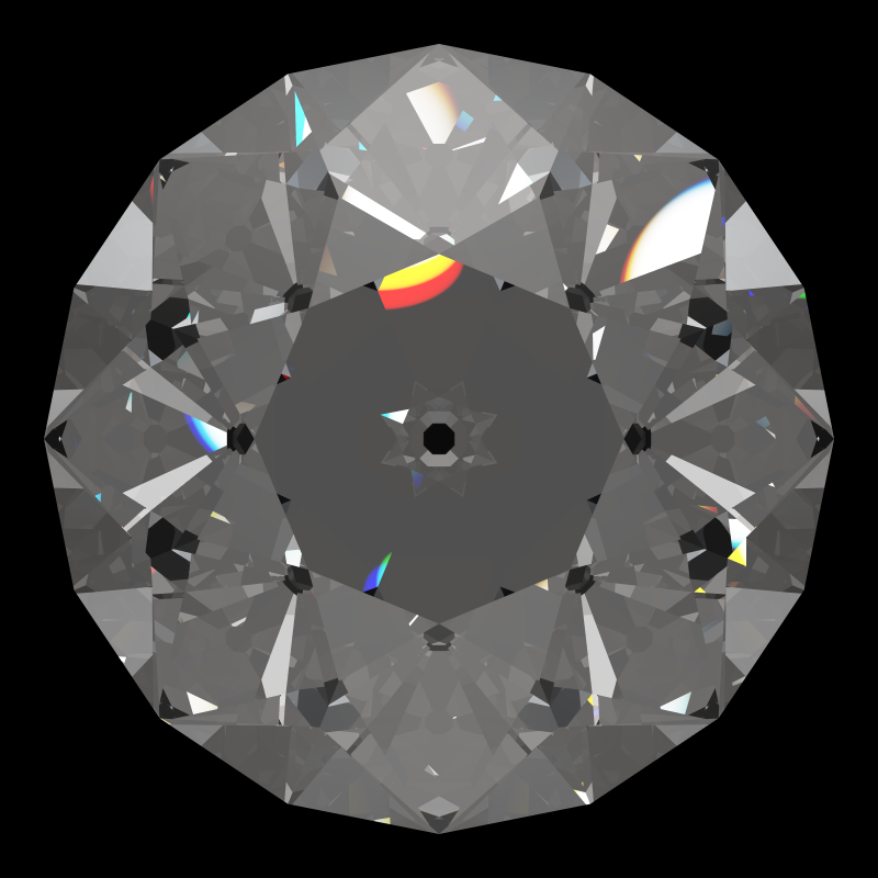 Old european cut in diamond face-up under a single bright light: a render from our simulator, its coloured flashes are the fire (score 74)