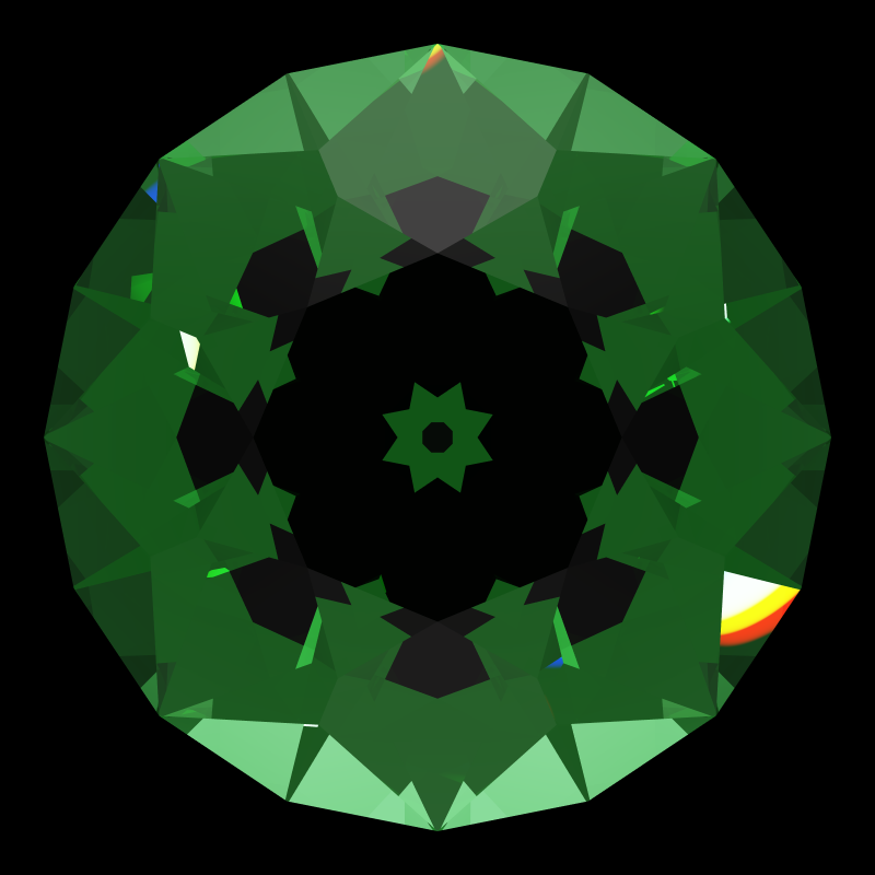 Old european cut in emerald face-up under a single bright light: a render from our simulator, its coloured flashes are the fire (score 42)
