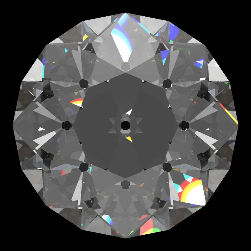 Old european cut in moissanite face-up under a single bright light: a render from our simulator, its coloured flashes are the fire (score 95)