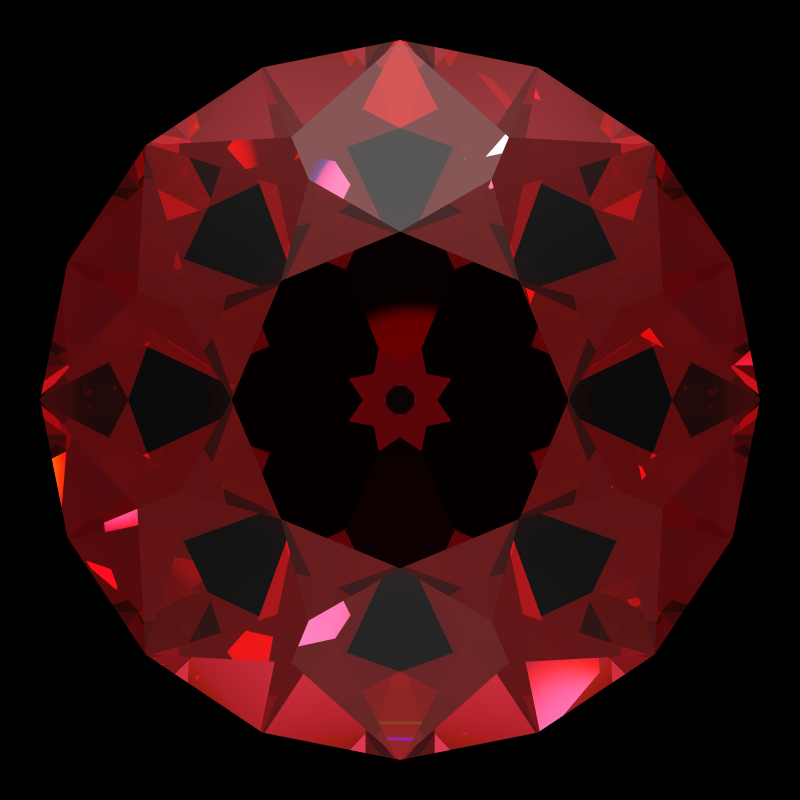 Old european cut in ruby face-up under a single bright light: a render from our simulator, its coloured flashes are the fire (score 39)