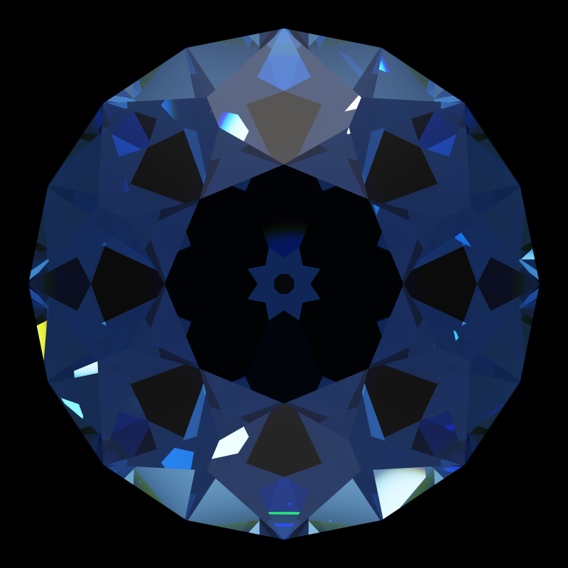 Old european cut in sapphire face-up under a single bright light: a render from our simulator, its coloured flashes are the fire (score 39)