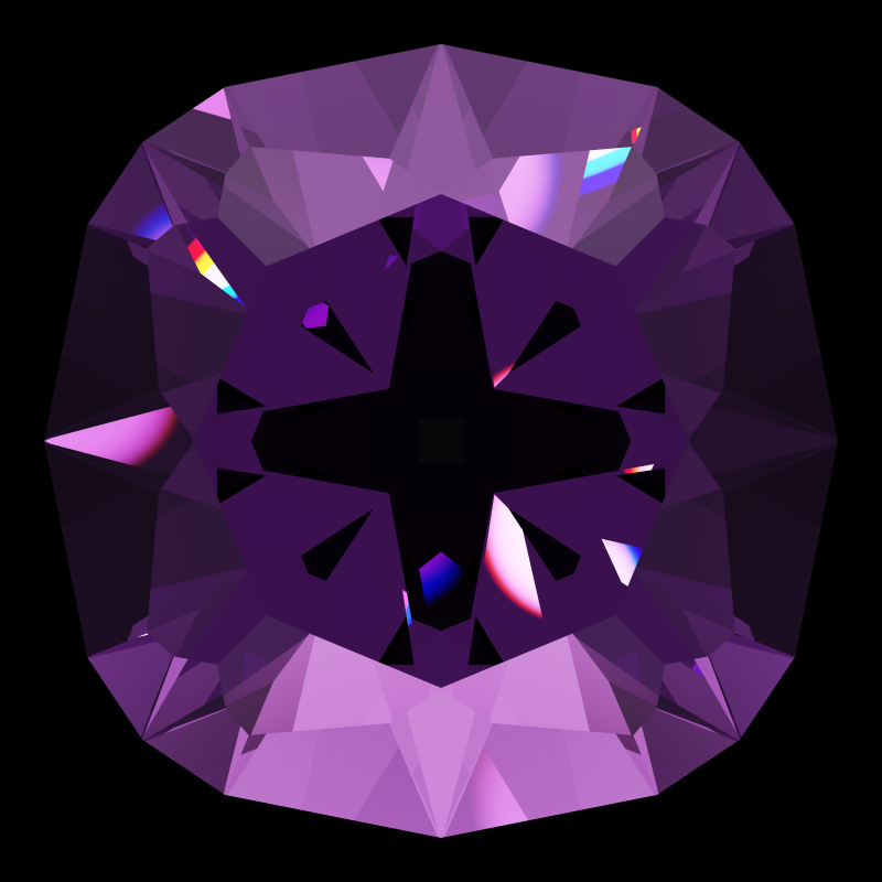 Old mine cut in amethyst face-up under a single bright light: a render from our simulator, its coloured flashes are the fire (score 22)