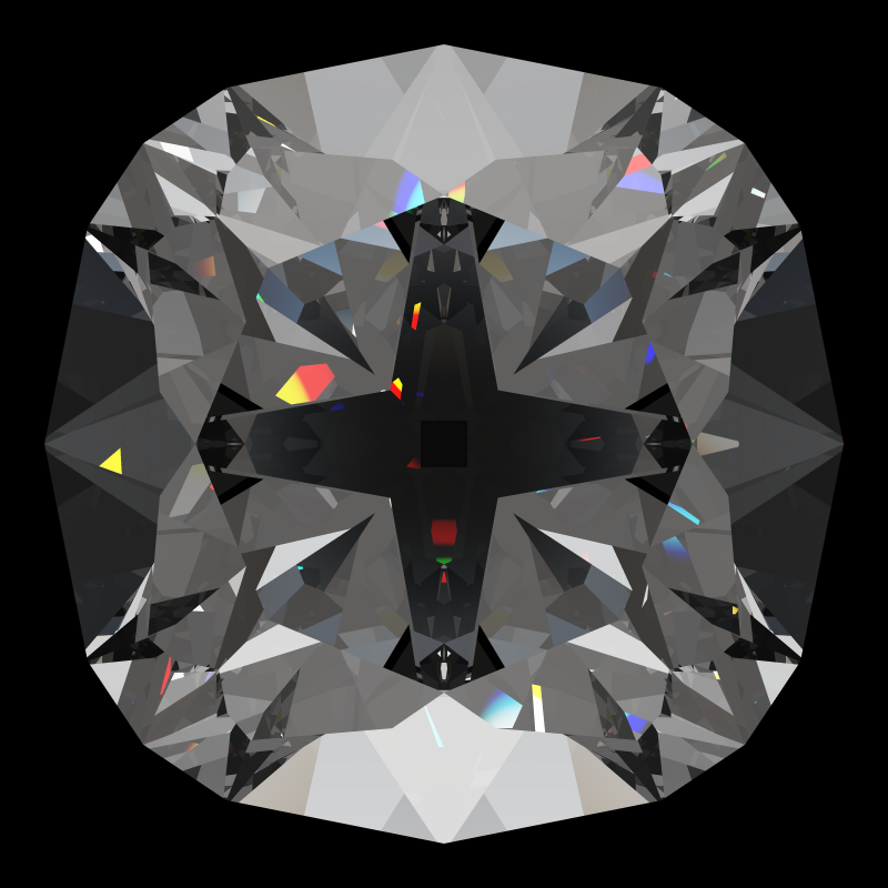 Old mine cut in cubic zirconia face-up under a single bright light: a render from our simulator, its coloured flashes are the fire (score 80)