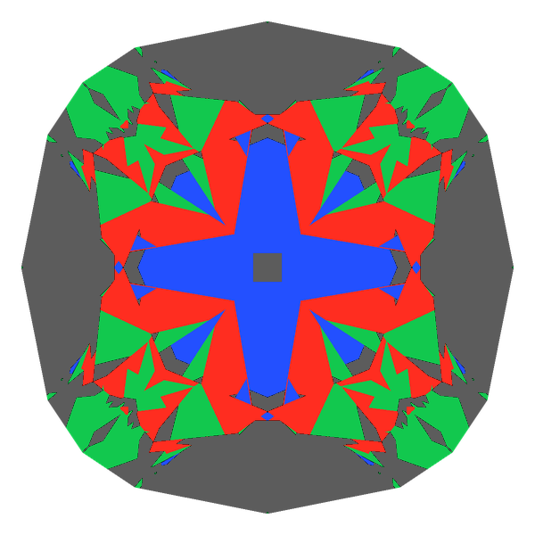 Old mine cut in cubic zirconia face-up Light Return map: red, green and blue show where the light returns from, grey shows where it leaks (Brilliance 64)