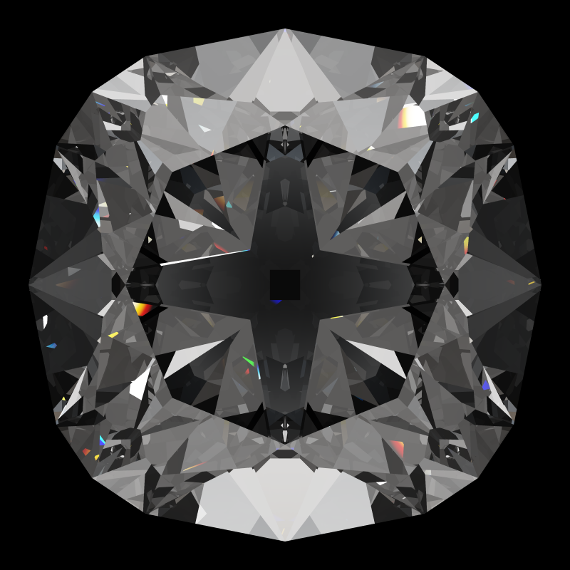 Old mine cut in diamond face-up under a single bright light: a render from our simulator, its coloured flashes are the fire (score 72)