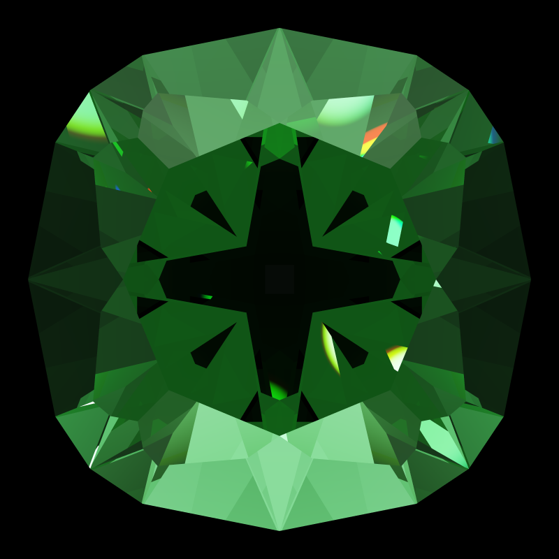Old mine cut in emerald face-up under a single bright light: a render from our simulator, its coloured flashes are the fire (score 25)