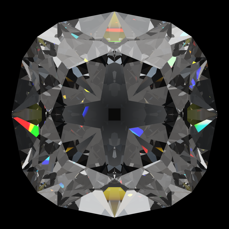 Old mine cut in moissanite face-up under a single bright light: a render from our simulator, its coloured flashes are the fire (score 85)