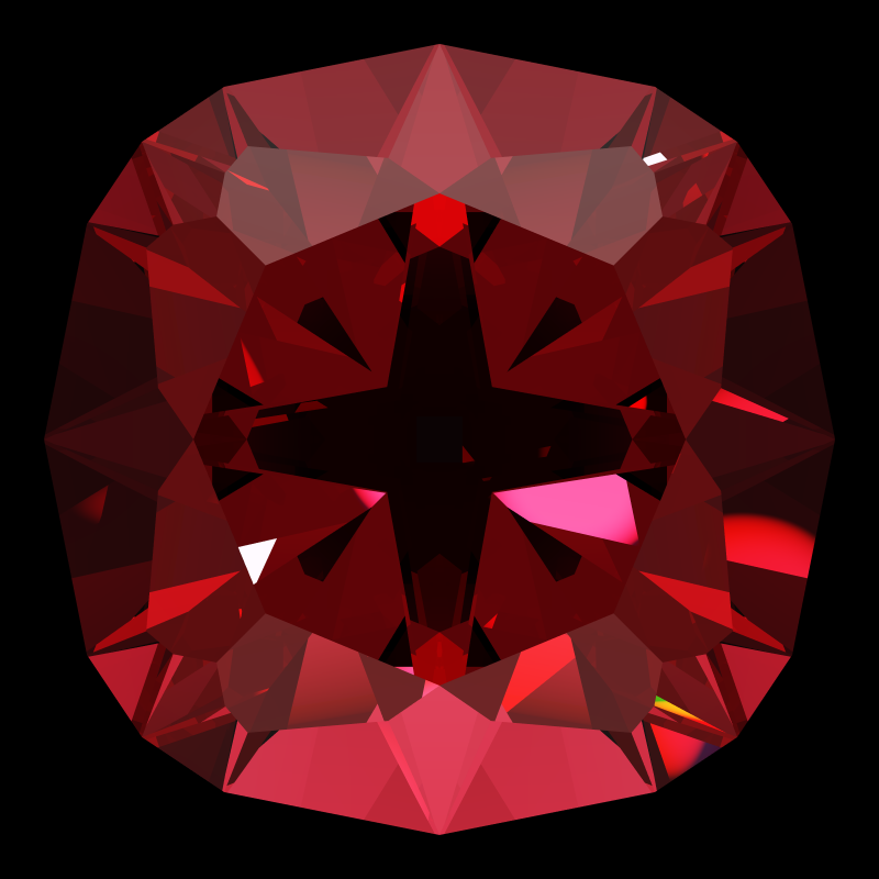 Old mine cut in ruby face-up under a single bright light: a render from our simulator, its coloured flashes are the fire (score 36)