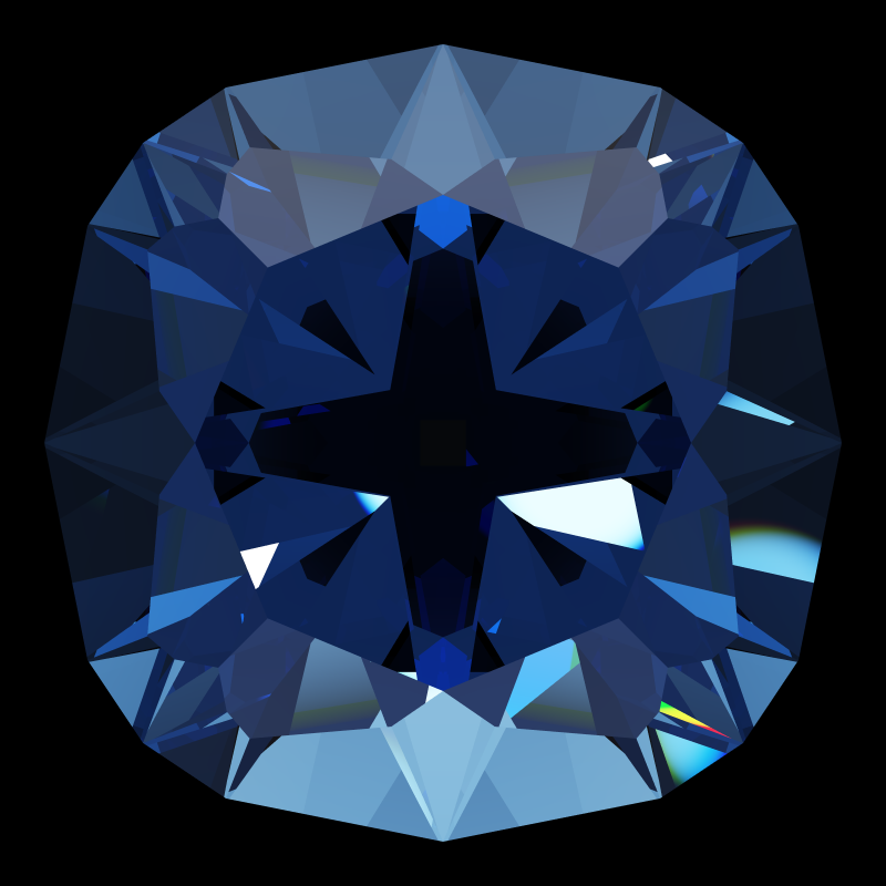 Old mine cut in sapphire face-up under a single bright light: a render from our simulator, its coloured flashes are the fire (score 36)