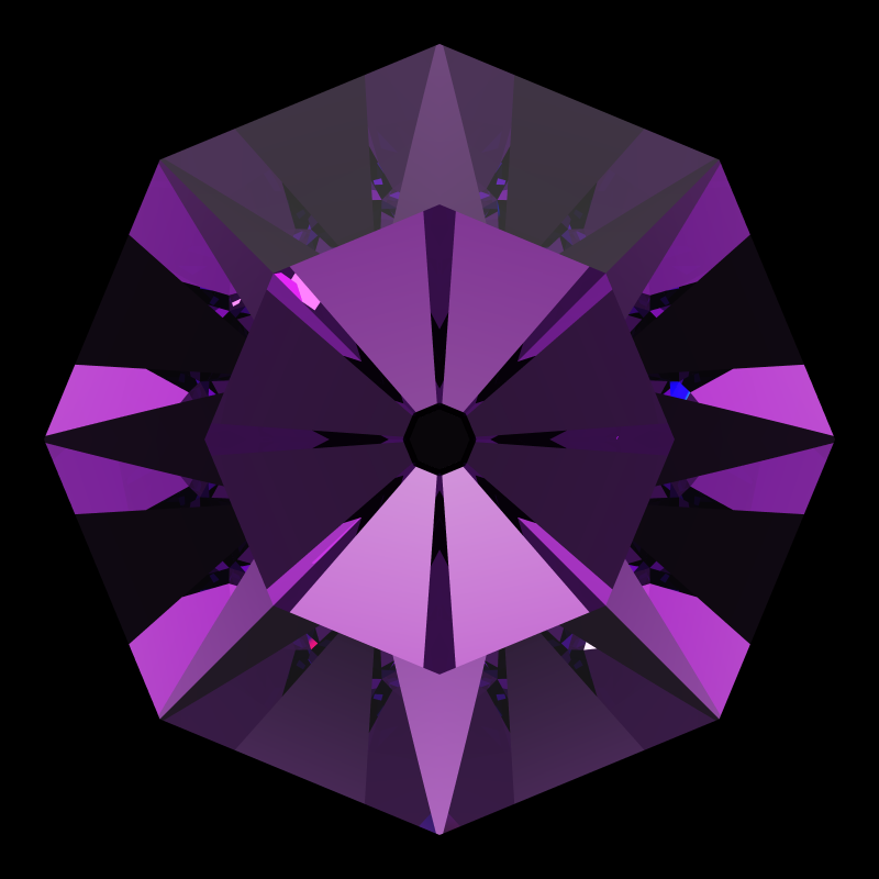 Old single cut in amethyst face-up under a single bright light: a render from our simulator, its coloured flashes are the fire (score 38)