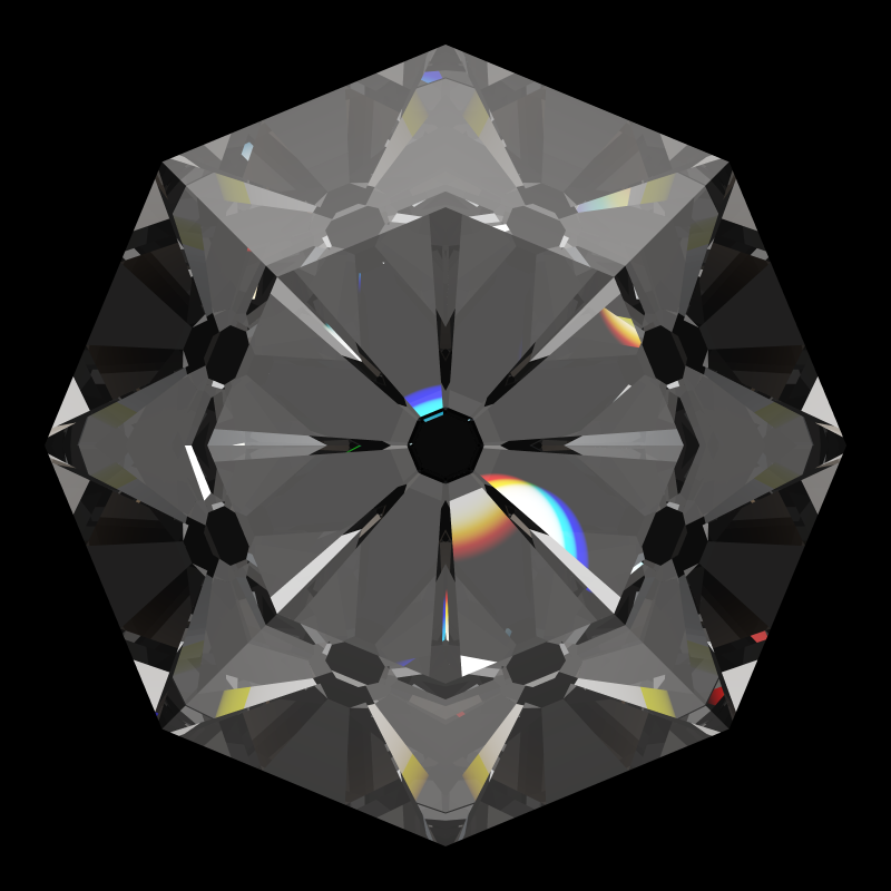 Old single cut in diamond face-up under a single bright light: a render from our simulator, its coloured flashes are the fire (score 84)