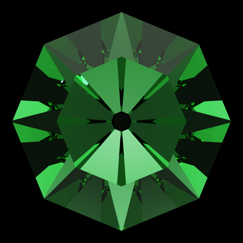 Old single cut in emerald face-up under a single bright light: a render from our simulator, its coloured flashes are the fire (score 32)