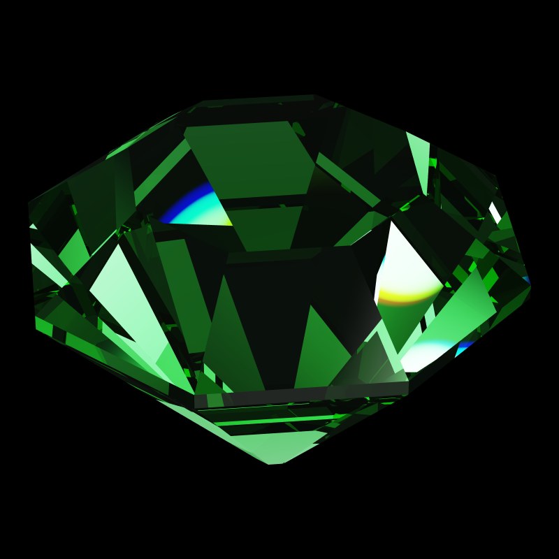 The Old Single Cut in emerald, rendered at an angle in our 3D Gemstone Simulator under studio light