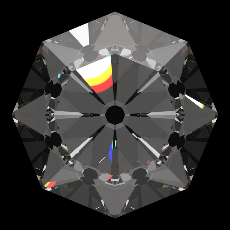 Old single cut in moissanite face-up under a single bright light: a render from our simulator, its coloured flashes are the fire (score 99)