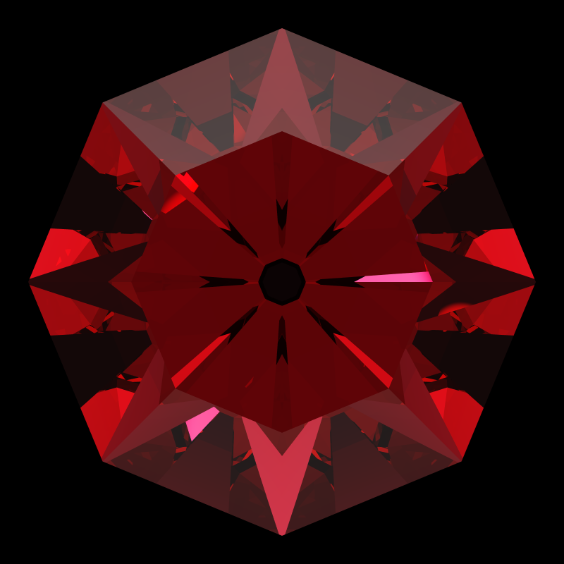 Old single cut in ruby face-up under a single bright light: a render from our simulator, its coloured flashes are the fire (score 9)