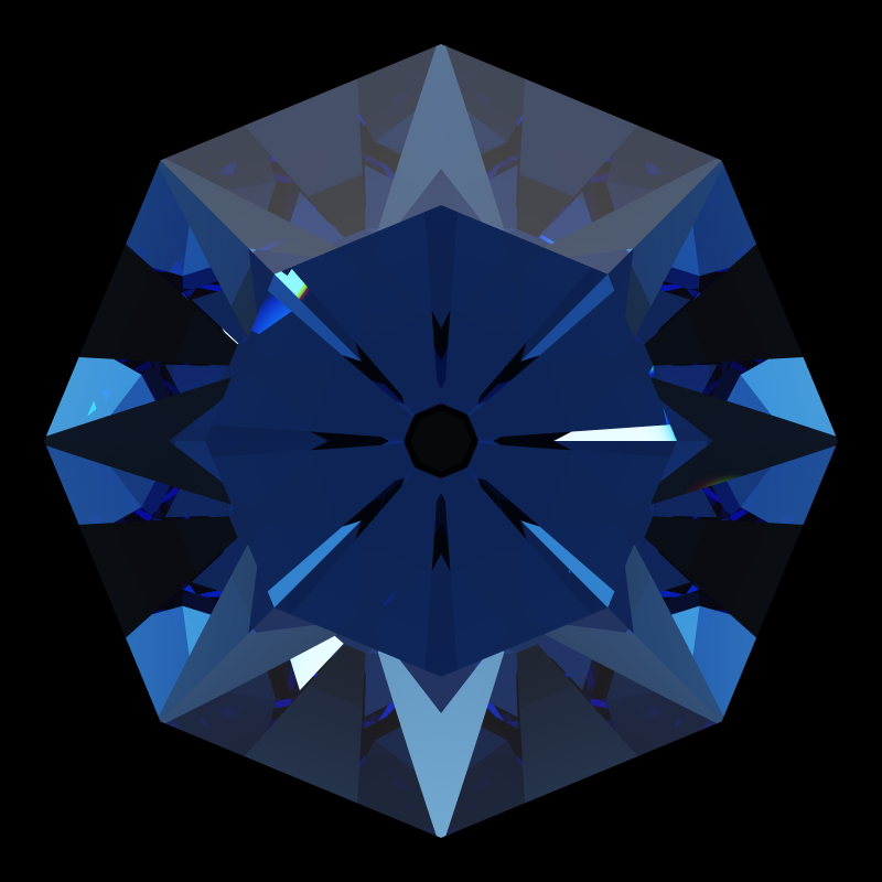 Old single cut in sapphire face-up under a single bright light: a render from our simulator, its coloured flashes are the fire (score 9)