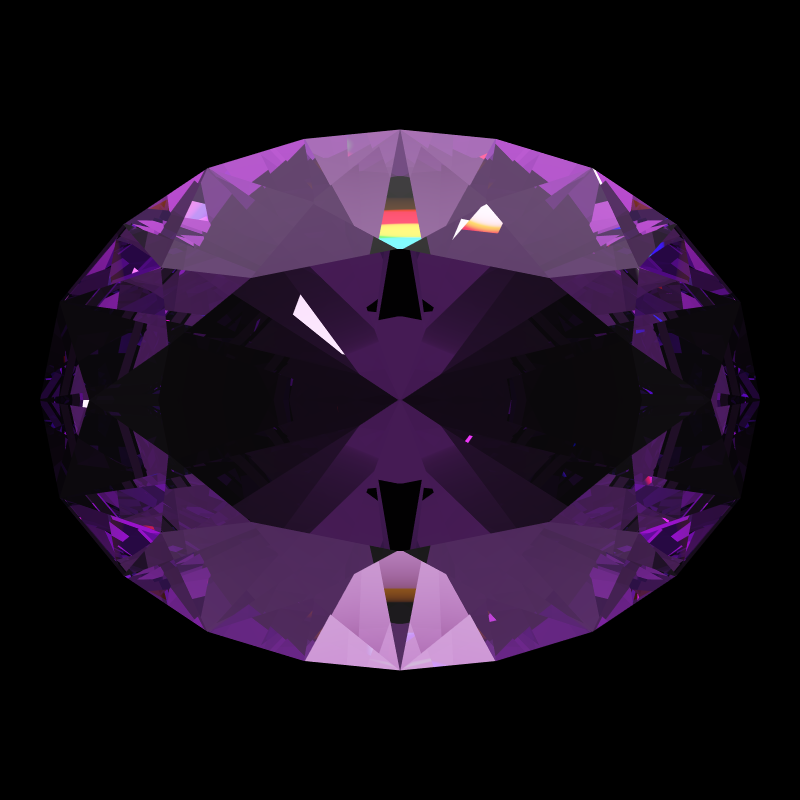 Oval cut in amethyst face-up under a single bright light: a render from our simulator, its coloured flashes are the fire (score 69)
