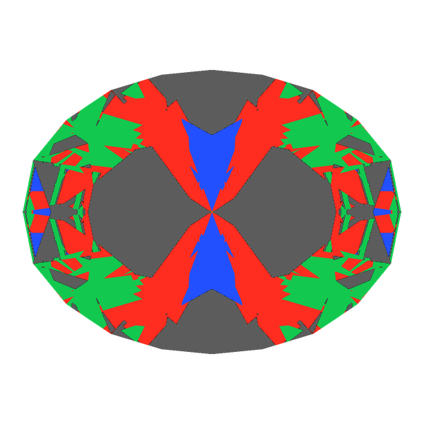 Oval cut in amethyst face-up Light Return map: red, green and blue show where the light returns from, grey shows where it leaks (Brilliance 52)
