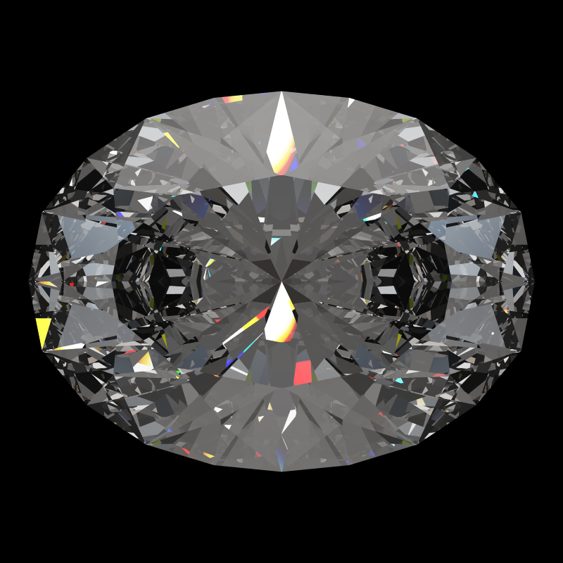 Oval cut in cubic zirconia face-up under a single bright light: a render from our simulator, its coloured flashes are the fire (score 96)