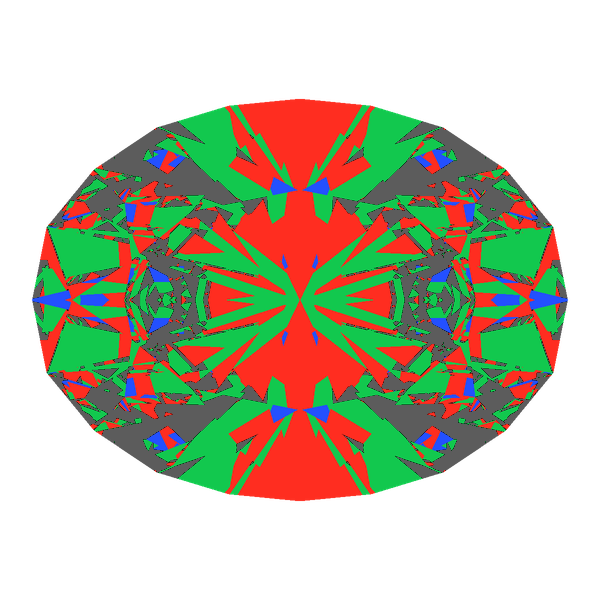 Oval cut in cubic zirconia face-up Light Return map: red, green and blue show where the light returns from, grey shows where it leaks (Brilliance 63)