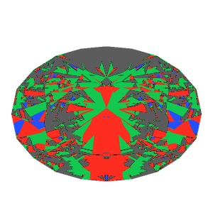 Oval cut in cubic zirconia tilted 20 degrees: Light Return map, 32% of the face leaking