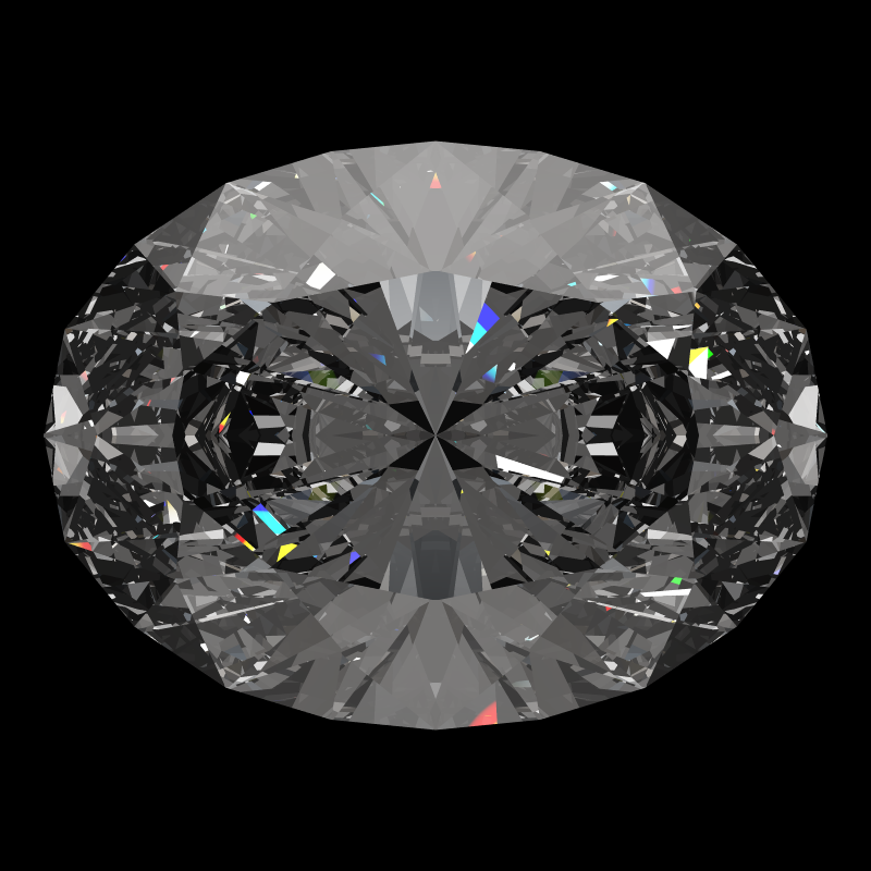 Oval cut in diamond face-up under a single bright light: a render from our simulator, its coloured flashes are the fire (score 92)