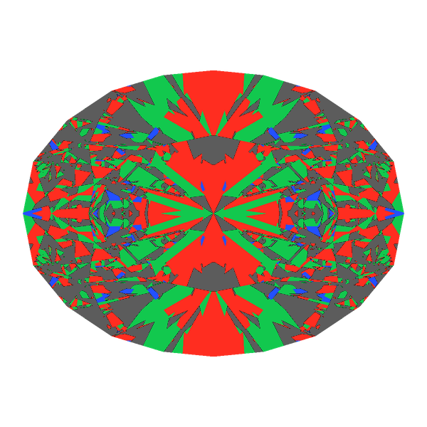 Oval cut in diamond face-up Light Return map: red, green and blue show where the light returns from, grey shows where it leaks (Brilliance 47)