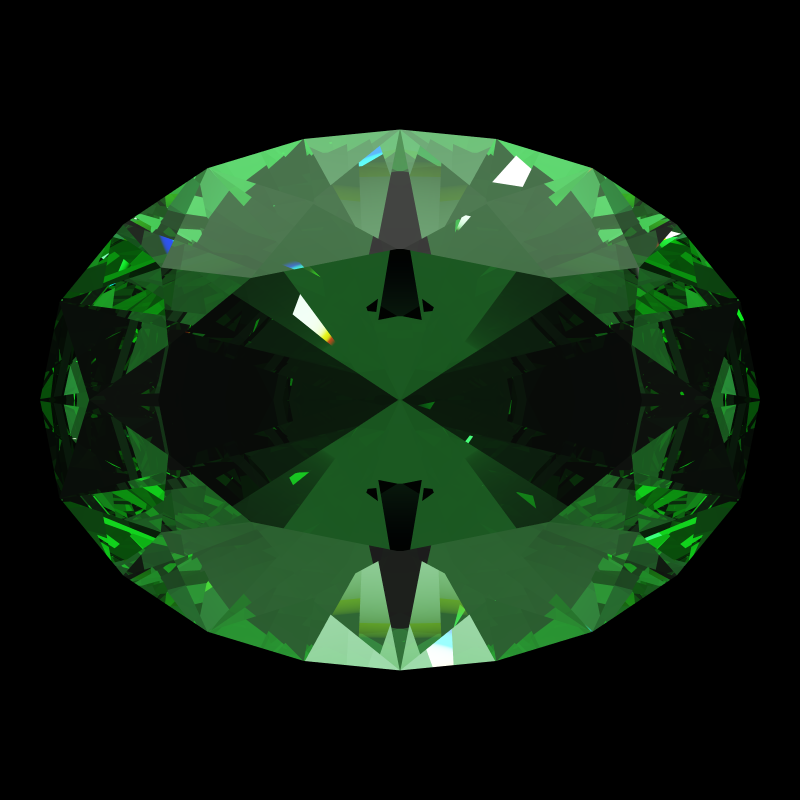 Oval cut in emerald face-up under a single bright light: a render from our simulator, its coloured flashes are the fire (score 71)