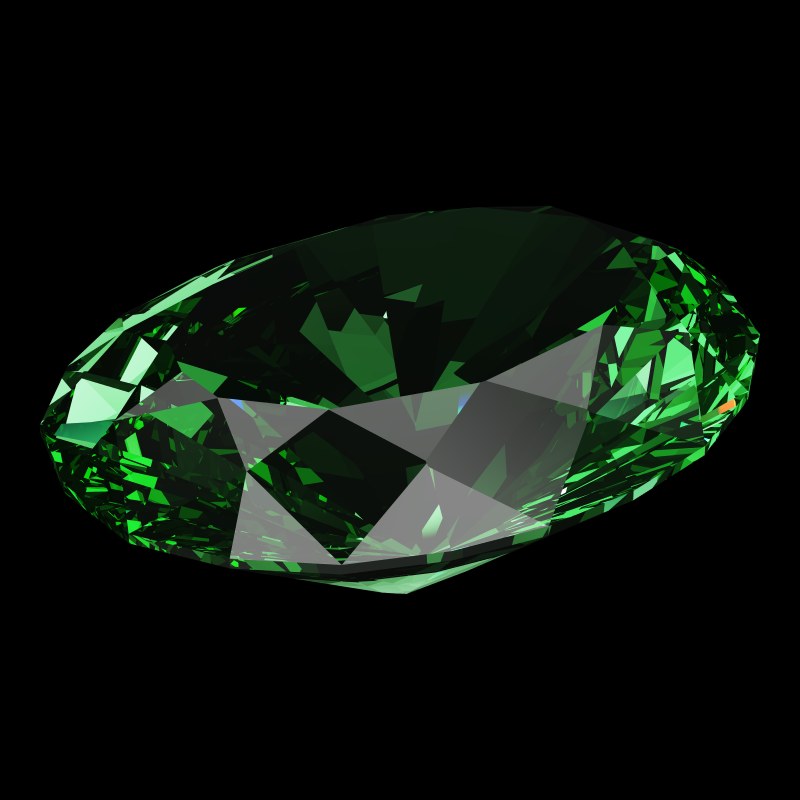 The Oval Cut in emerald, rendered at an angle in our 3D Gemstone Simulator under studio light