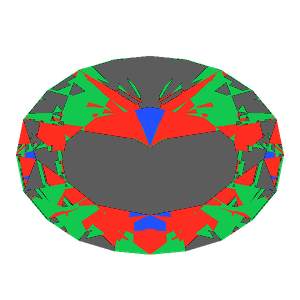 Oval cut in emerald tilted 10 degrees: Light Return map, 46% of the face leaking